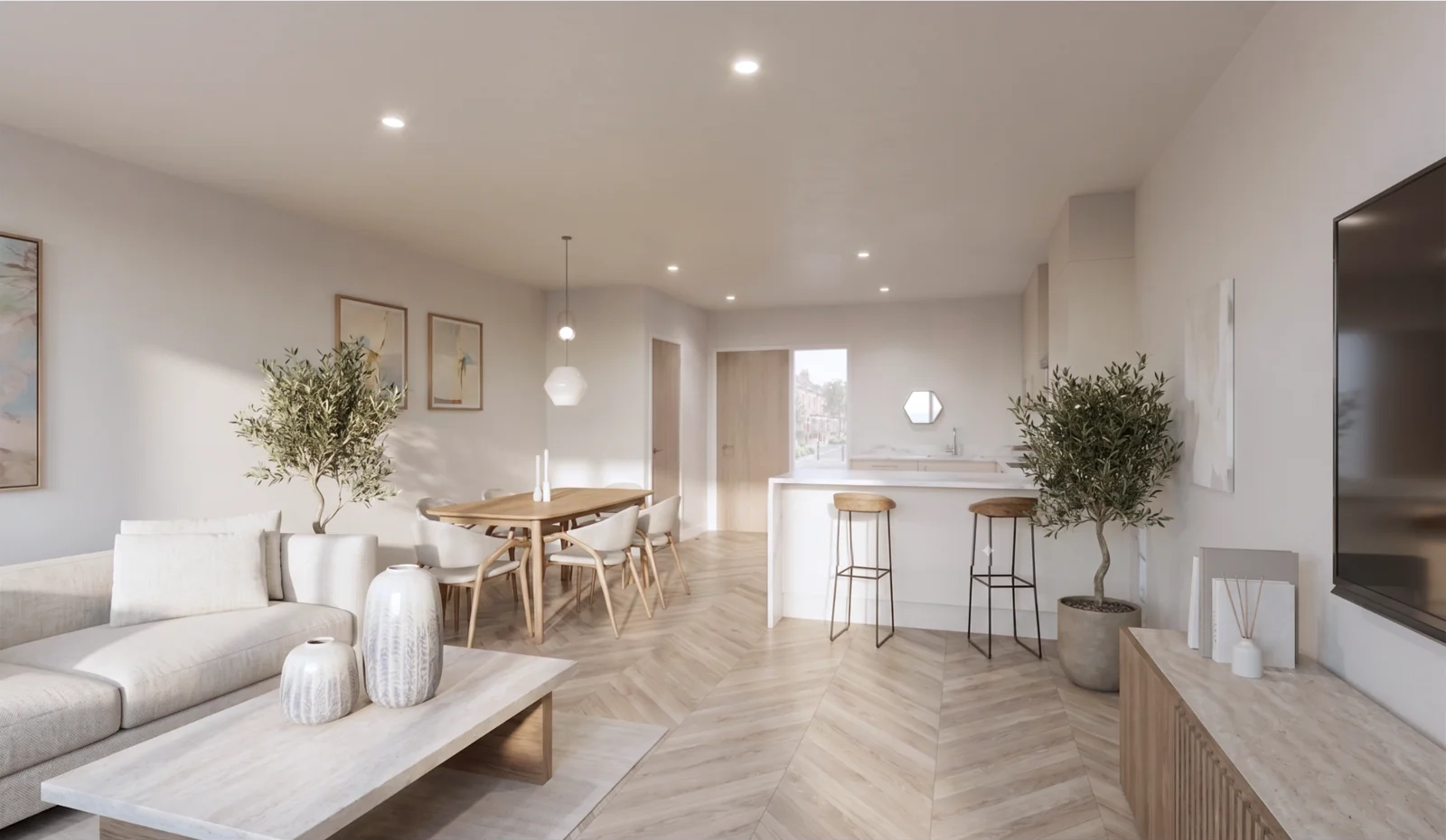 Alternative proposed lounge looking towards the kitchen and dining area