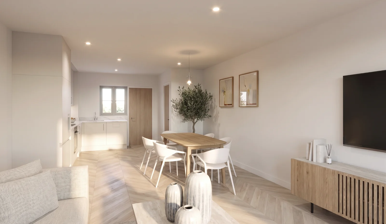 Proposed living room and dining area looking towards the entrance