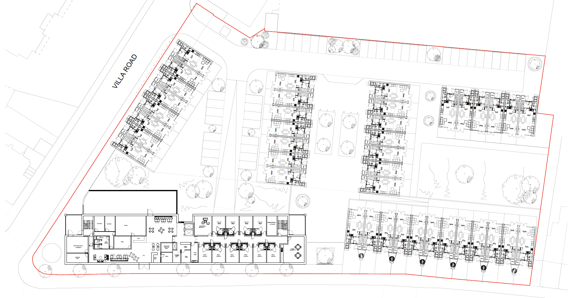 Outline site layout drawing for the former Bill House site, showing the red site boundary, Villa Road along the upper left, the care home building at the lower left, and terraces of townhouses with parking courts across the rest of the site